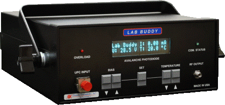 The APD Lab Buddy is a remotely accessible, stand-alone instrument incorporating Discovery Semiconductor's R-402 Avalanche Photodiode. The Lab Buddy includes a built-in thermoelectric (TE) cooler for maintaining a constant, preset temperature.