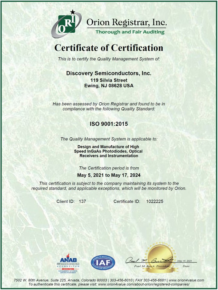 Discovery Semiconductors is an ISO 9001:2015 Certified Company